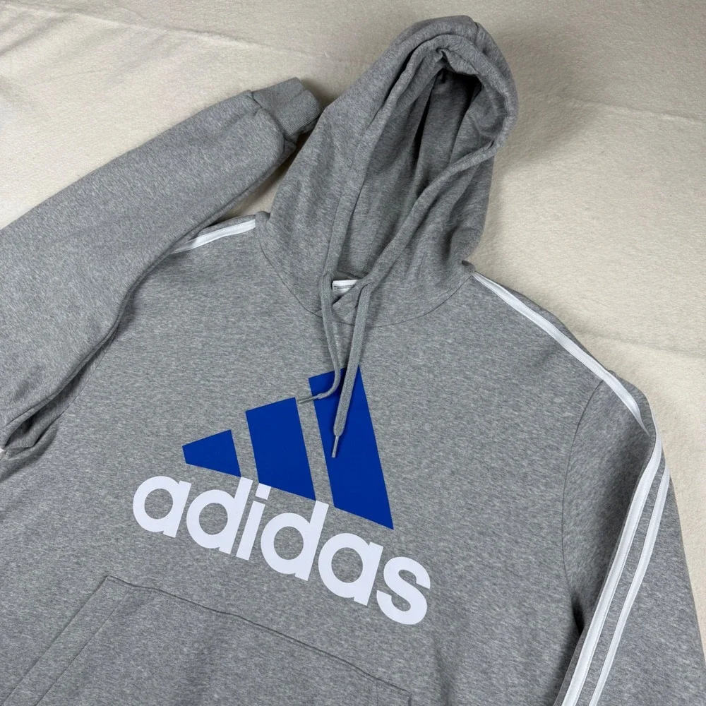 Adidas Essentials Big Logo Hoodie Mens 2XLT Grey Blue GV5249 3-Stripe Pullover